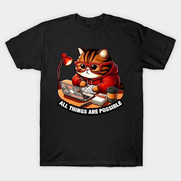 All Things Are Possible Chubby Tabby Cat Laptop Homework Hardworking Study Hard T-Shirt by Plushism